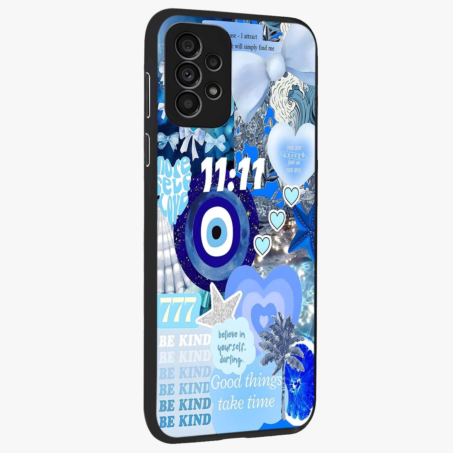 Aesthetic Be Kind Eye Glass Case upright view showcasing stylish eye illustration with positive message theme.