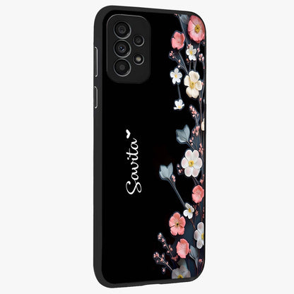 Black Elegance Floral Custom Name Glass Case upright view showcasing luxurious black floral design with personalized name detail.