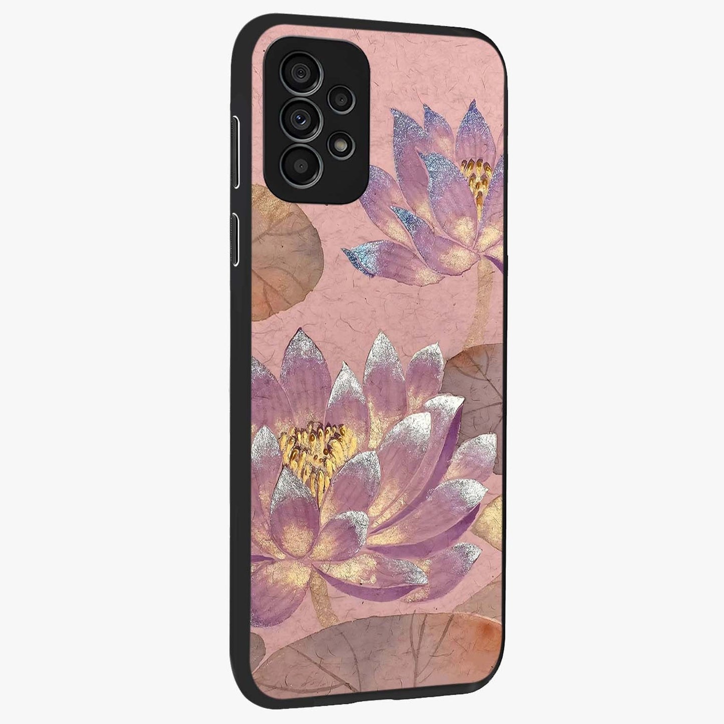 Blossom Mist Lotus Glass Case upright view showcasing graceful lotus flower design with peaceful botanical style.