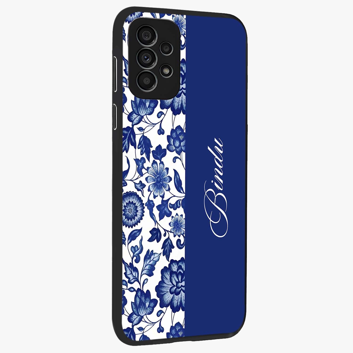 Blue Vintage Floral Pattern Glass Case upright view showcasing delicate blush floral texture with modern minimal style.