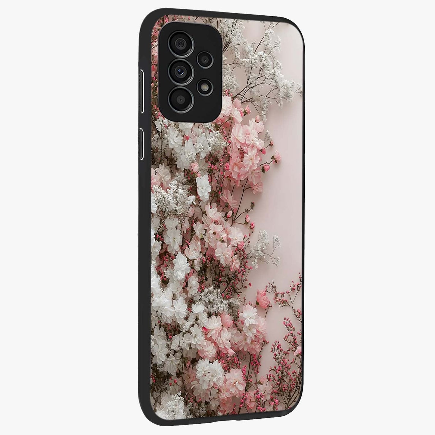 Blush Blossom Cloud Glass Case upright view showcasing calm floral cloud artwork with gentle dreamy theme.