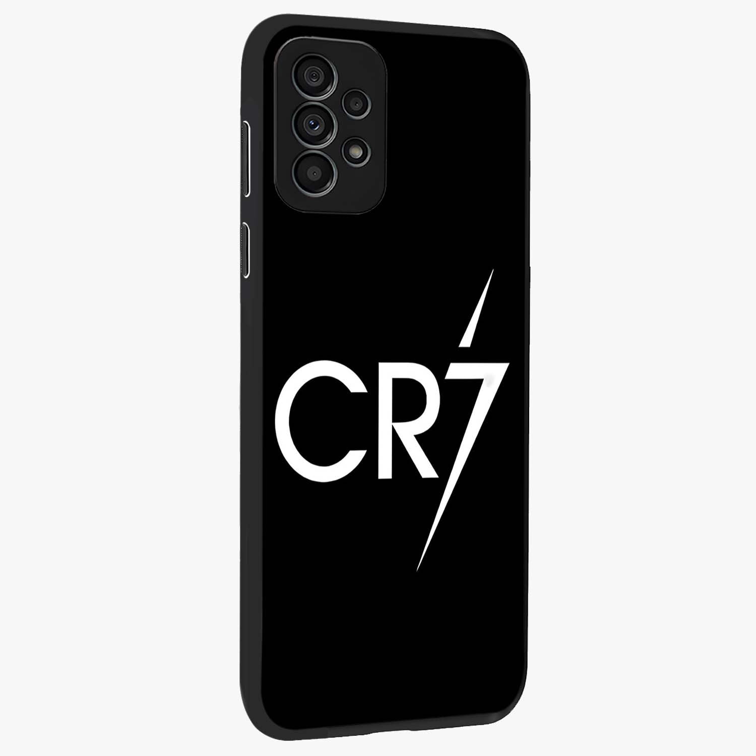 Cr7 Elite Strike Glass Case upright view showcasing energetic football inspired design with modern sports aesthetic.