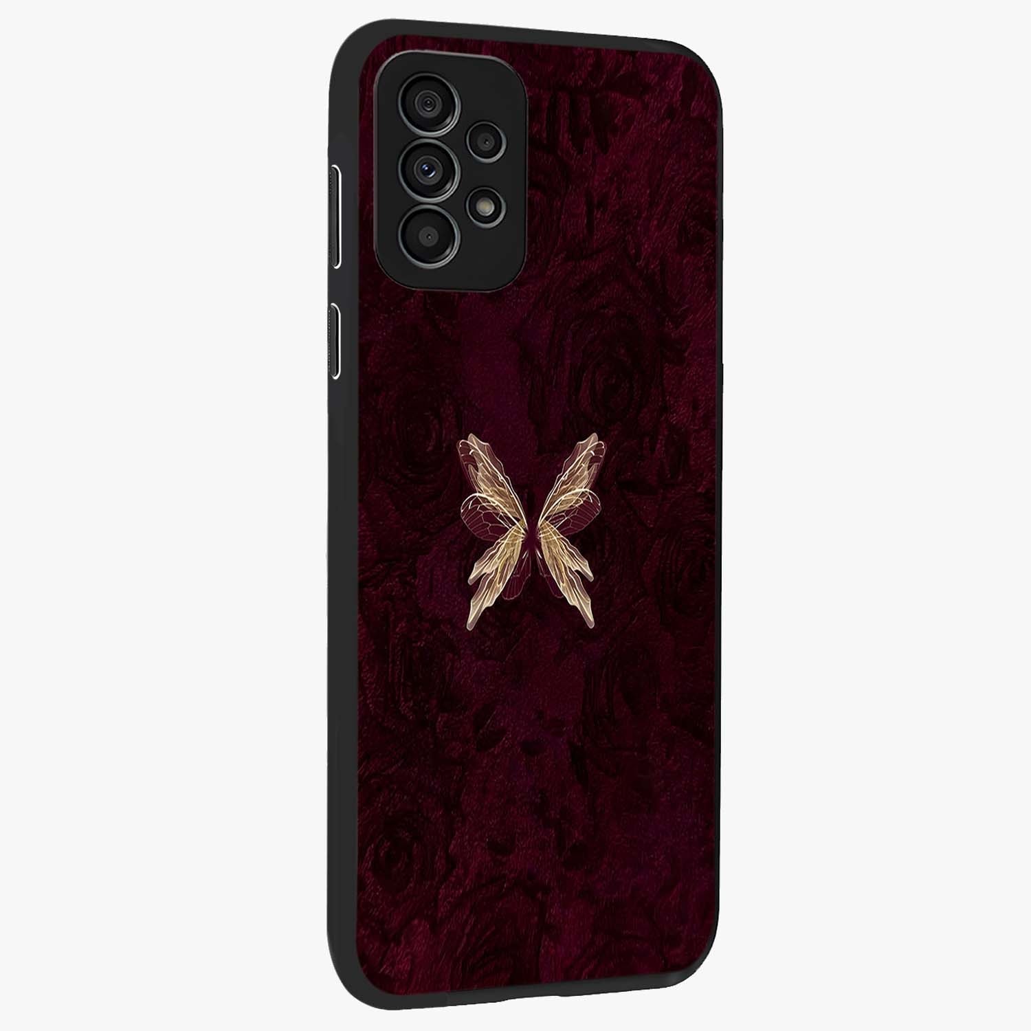 Crimson Fade Butterfly Glass Case upright view showcasing graceful butterfly artwork with soft crimson fade effect.