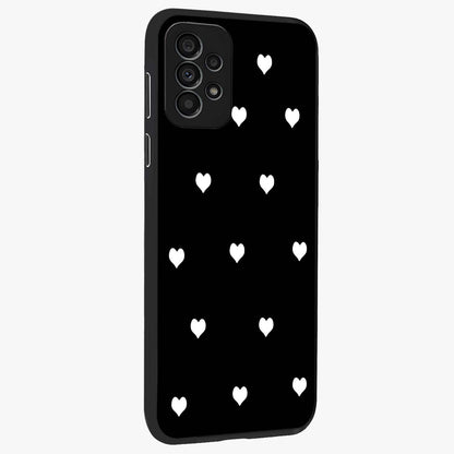 Cute And Simple White Hearts Glass Case upright view showcasing simple white hearts artwork with soft minimal theme.