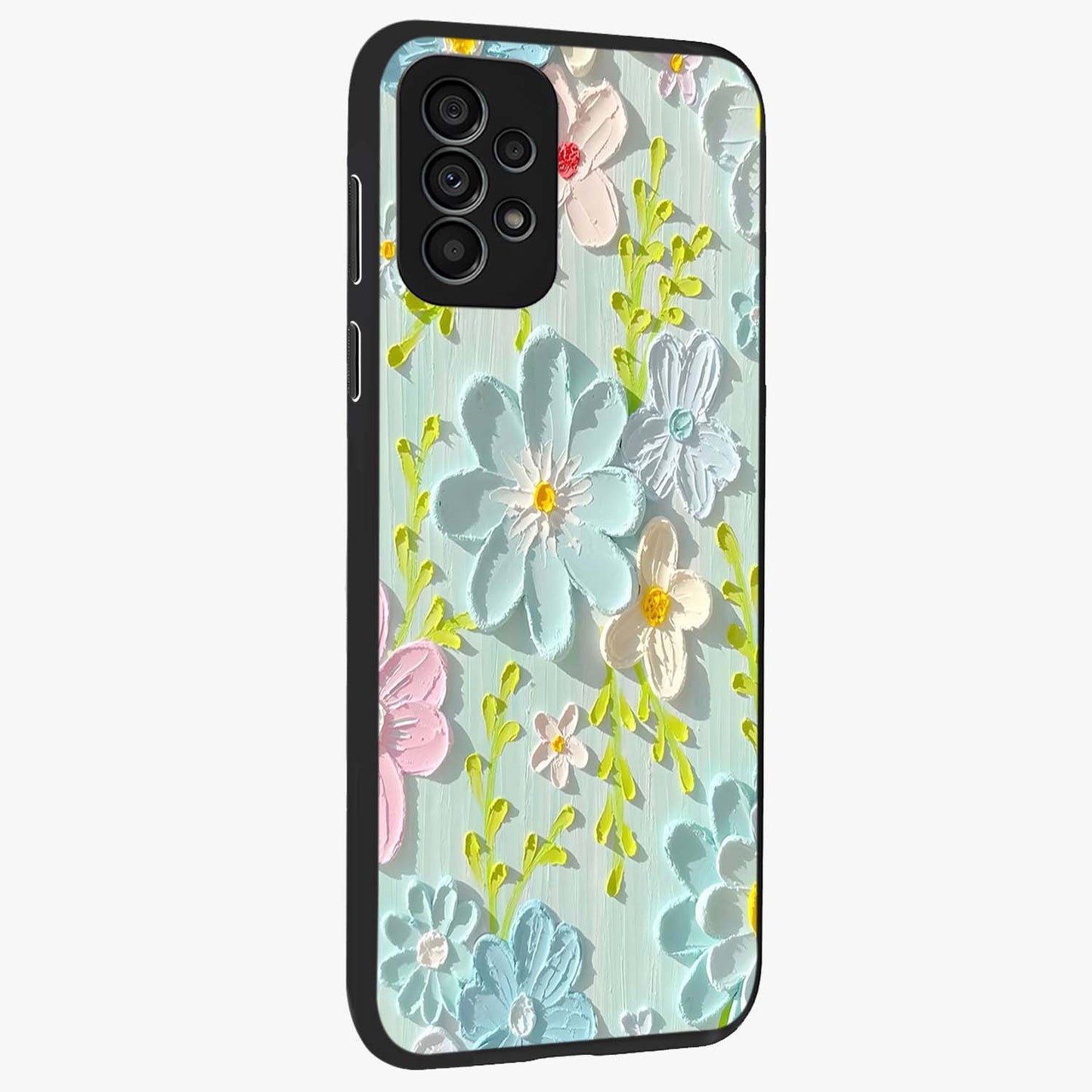 Frosted Petal Garden Glass Case upright view showcasing elegant floral garden artwork with soothing pastel theme.