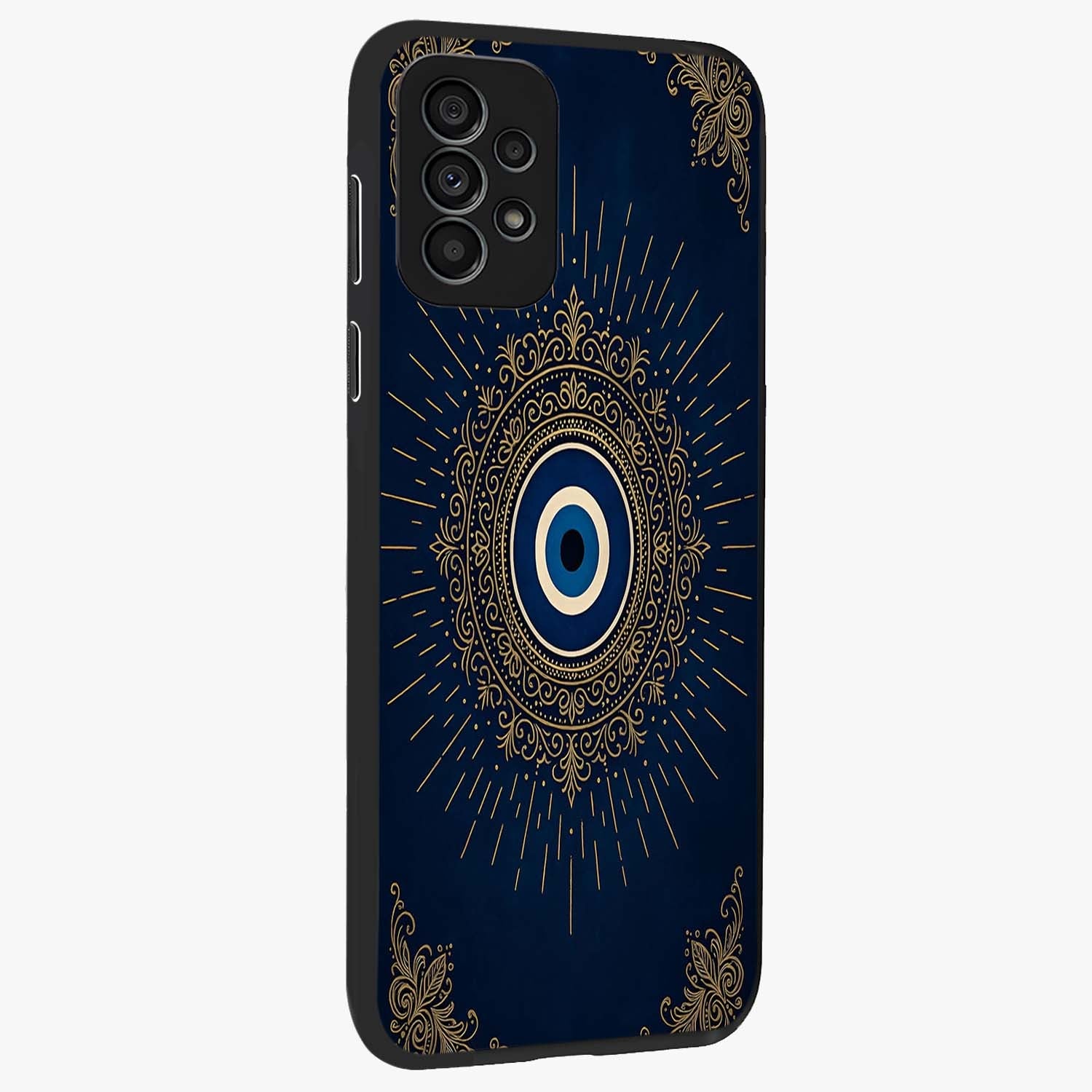 Golden Celestial Charm Glass Case upright view showcasing radiant celestial artwork with elegant golden theme.