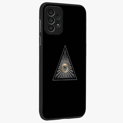 Illuminati Evil Glass Case upright view showcasing striking illuminati artwork with mysterious symbolic theme.