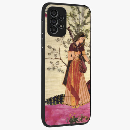 Lady With Veena Art Glass Case upright view showcasing classical veena artwork with traditional artistic theme.