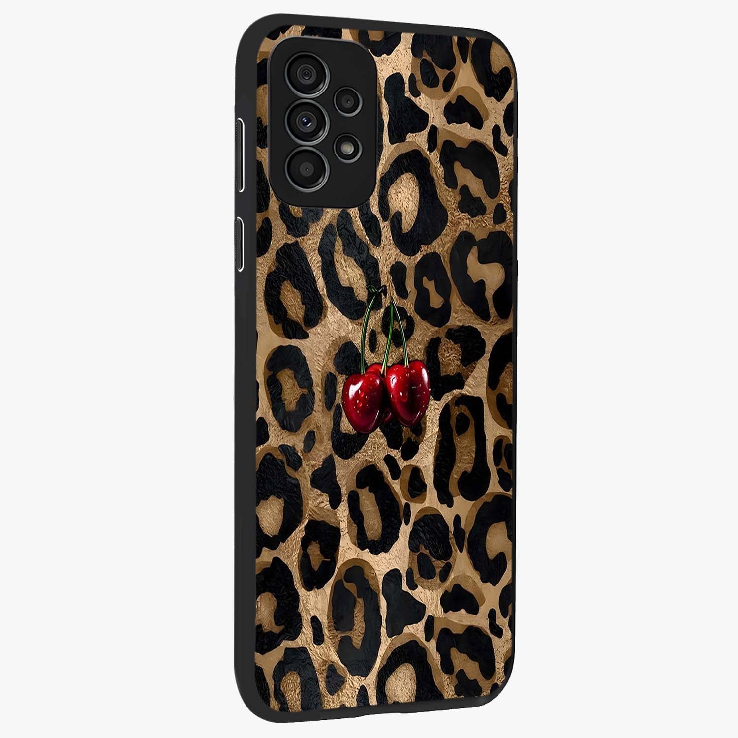 Leopard Wild Cherry Glass Case upright view showcasing stylish leopard pattern artwork with trendy fashion theme.