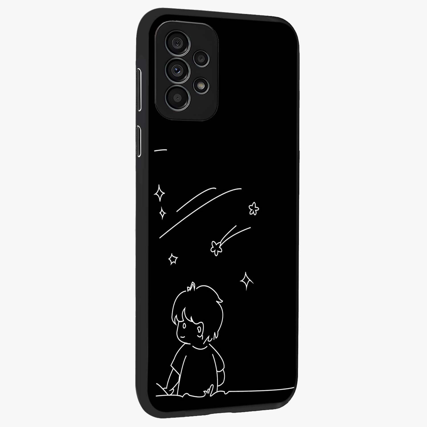 Line Art Boy With Shooting Stars Glass Case upright view showcasing artistic shooting star illustration with minimal style.