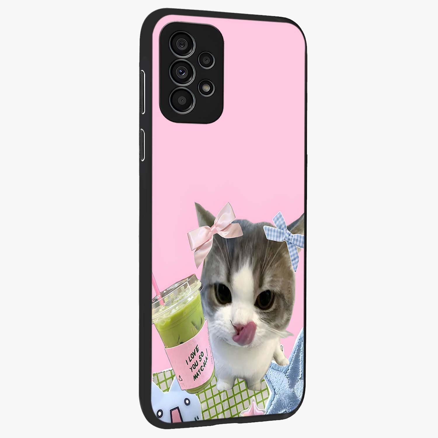 Love Matcha Cat Glass Case upright view showcasing adorable cat artwork with charming matcha themed design.