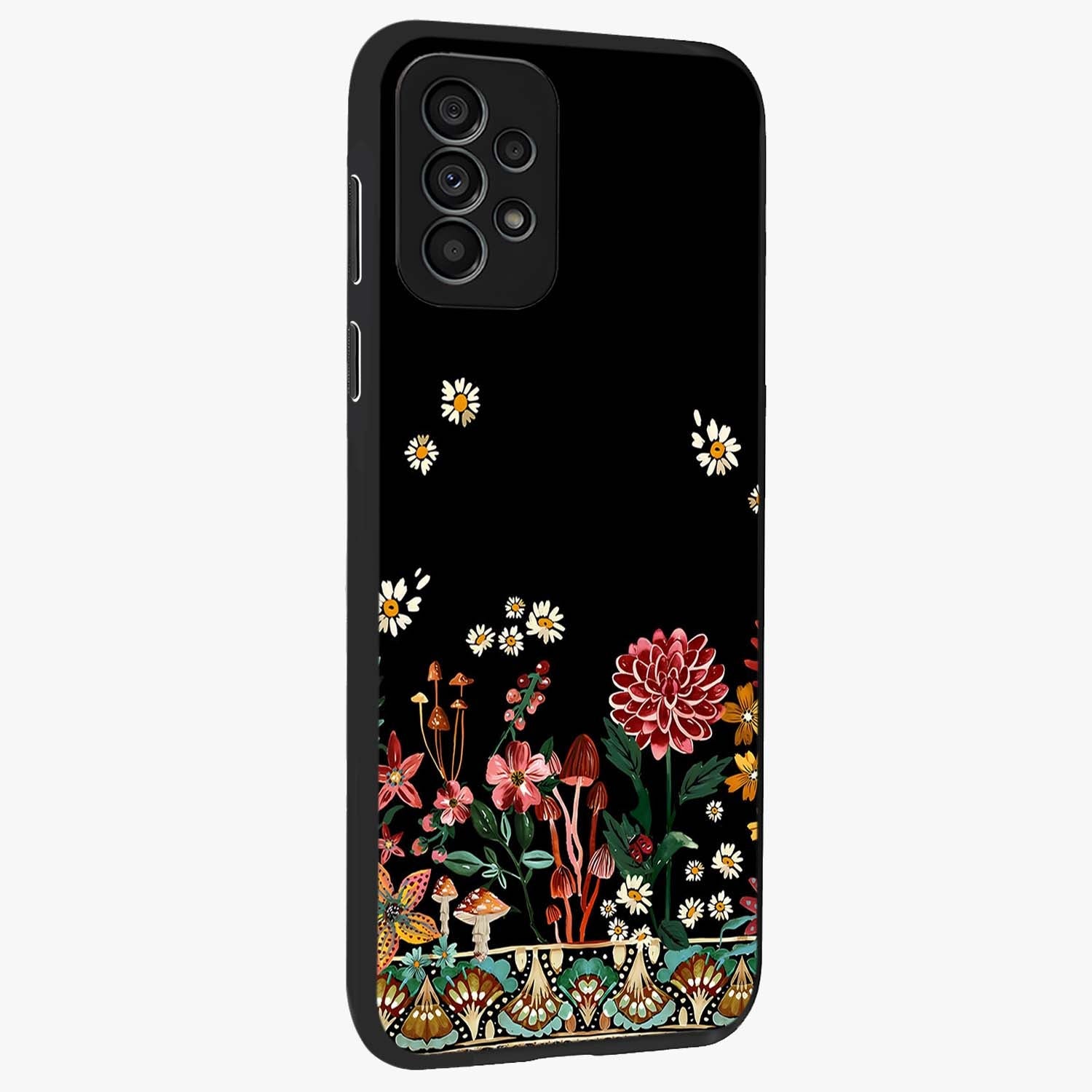 Midnight Bloom Pattern Glass Case upright view showcasing decorative floral artwork with deep night themed palette.