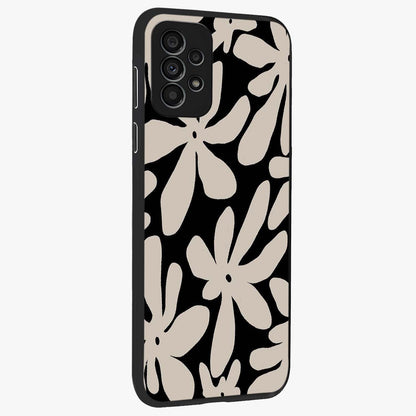 Monochrome Petal Dance Glass Case upright view showcasing artistic floral pattern with stylish monochrome theme.