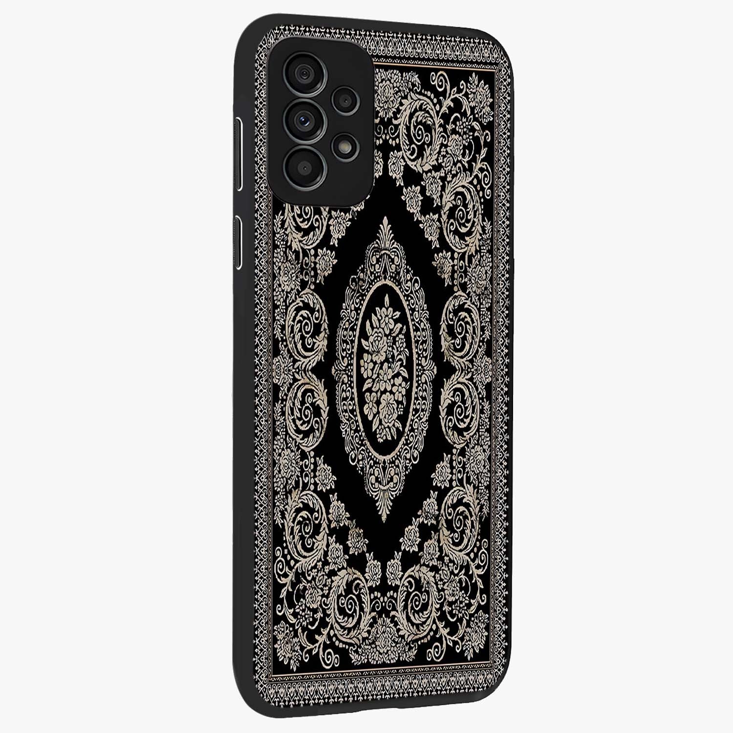 Noir Bloom Elegance Glass Case upright view showcasing graceful floral artwork with luxurious dark theme.