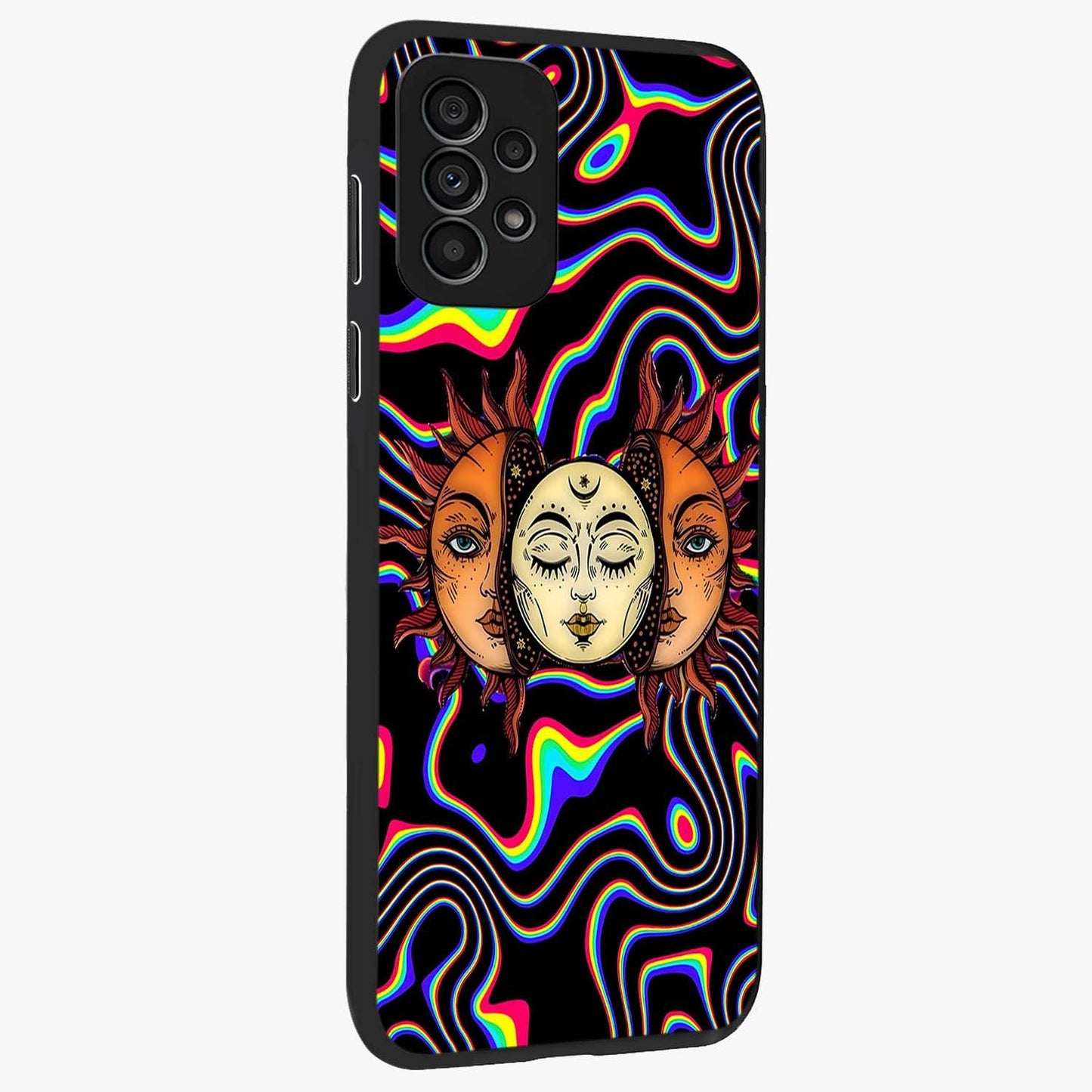 Psychedelic Sun Glass Case upright view showcasing trippy sun artwork with bold psychedelic theme.