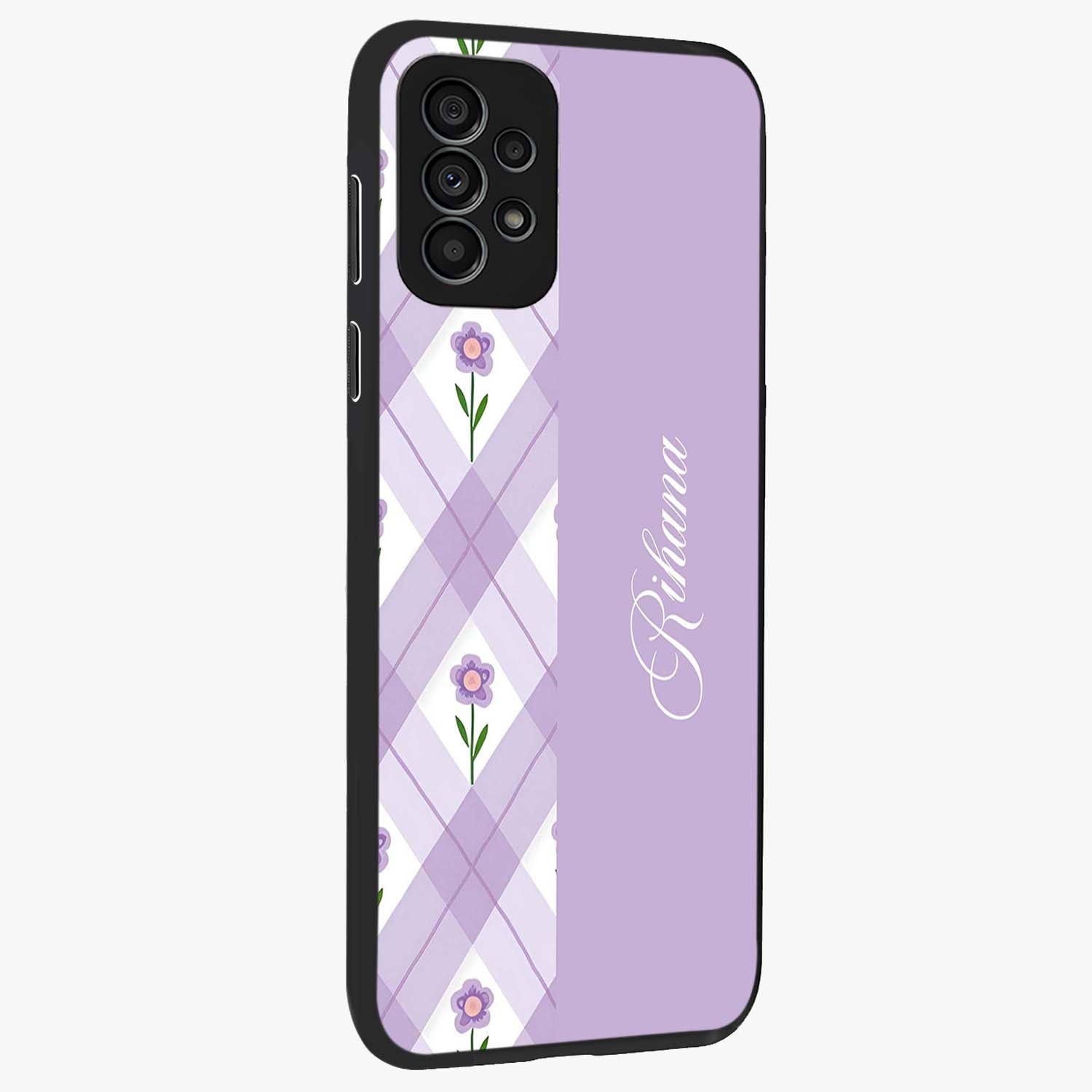 Purple Diamond Floral Glass Case upright view showcasing vibrant floral artwork with stylish geometric theme.
