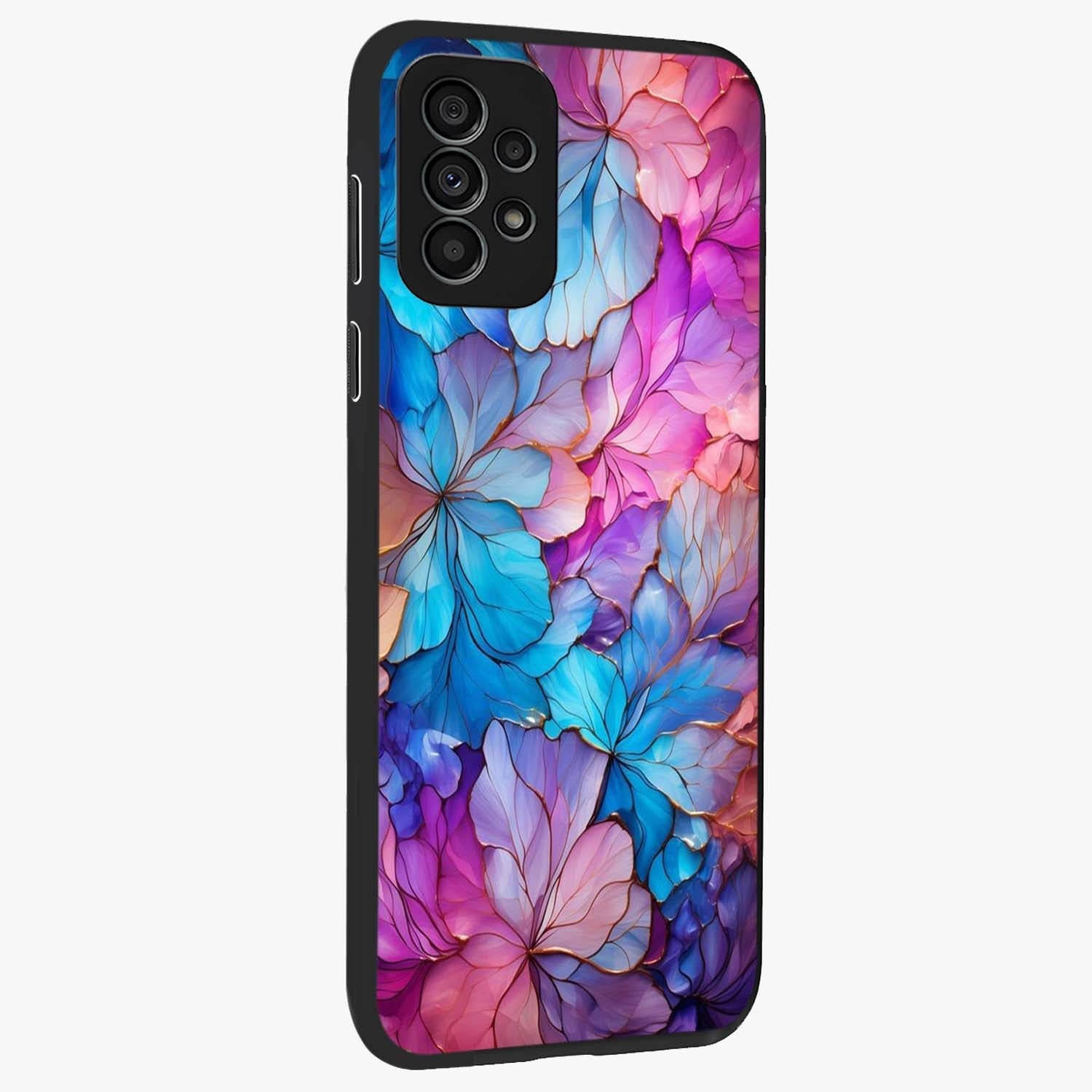 Radiant Floral Whirl Glass Case upright view showcasing lively floral artwork with decorative swirl theme.