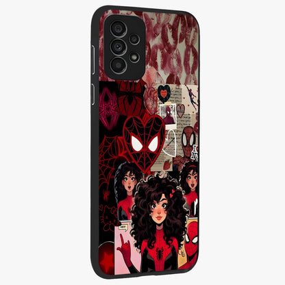 Spider Love Story Glass Case upright view showcasing charming superhero artwork with romantic comic theme.