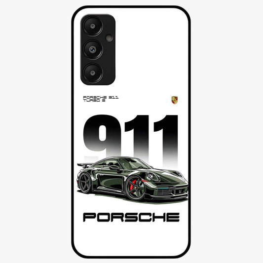 911 Turbo Dominance Glass Case showing clean flat back view with bold 911 sports car artwork and glossy glass finish.