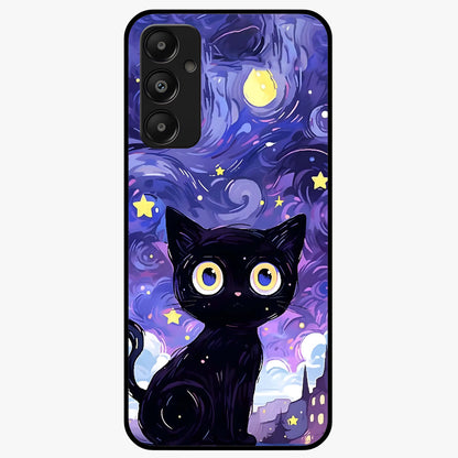 Abstract Cat Art Glass Case showing flat back view with artistic cat illustration and glossy glass finish.
