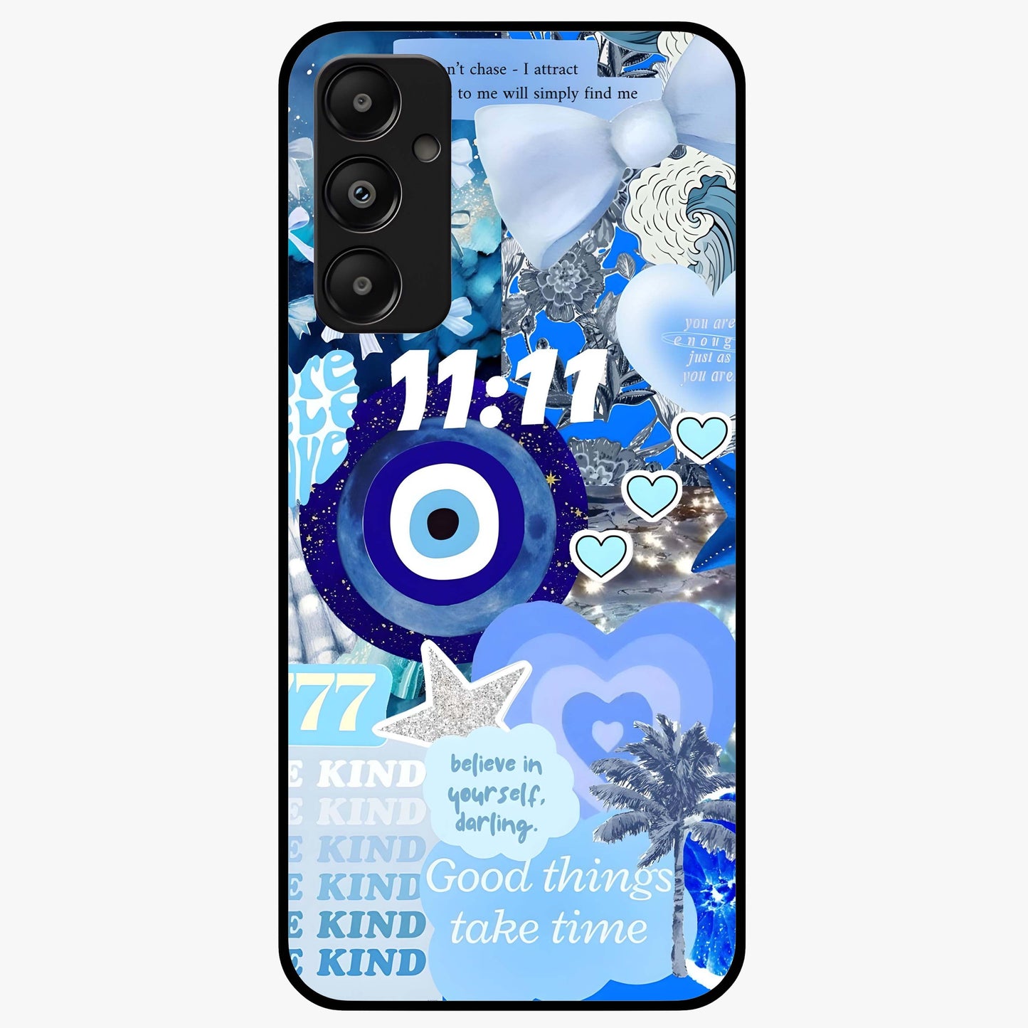 Aesthetic Be Kind Eye Glass Case showing flat back view with motivational eye artwork and glossy glass finish.
