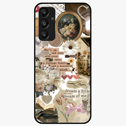 Aesthetic Brown Vintage Collage Glass Case showing flat back view with retro collage artwork and glossy glass finish.