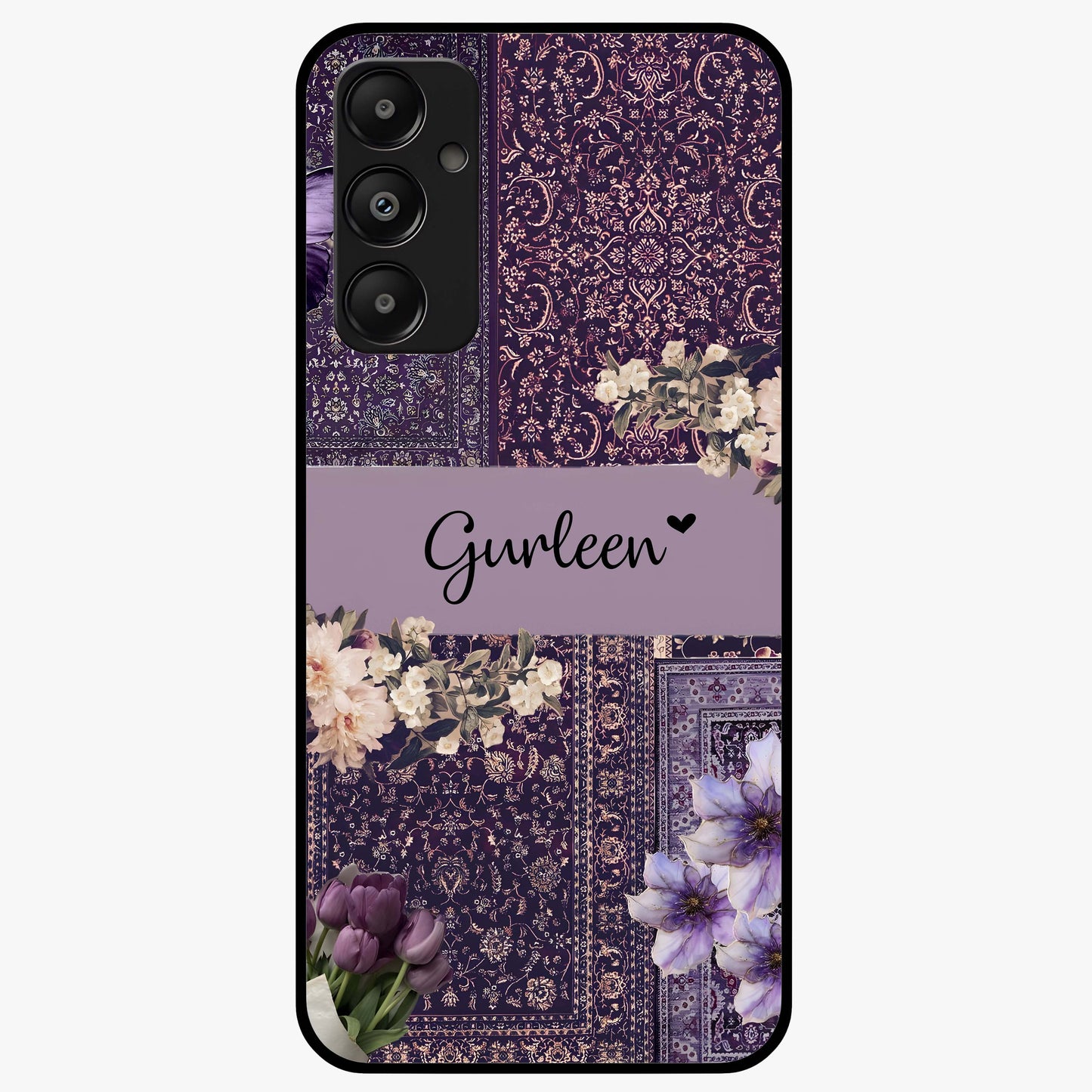Antique Floral Whisper Custom Name Glass Case showing flat back view with vintage floral artwork and personalized name design.