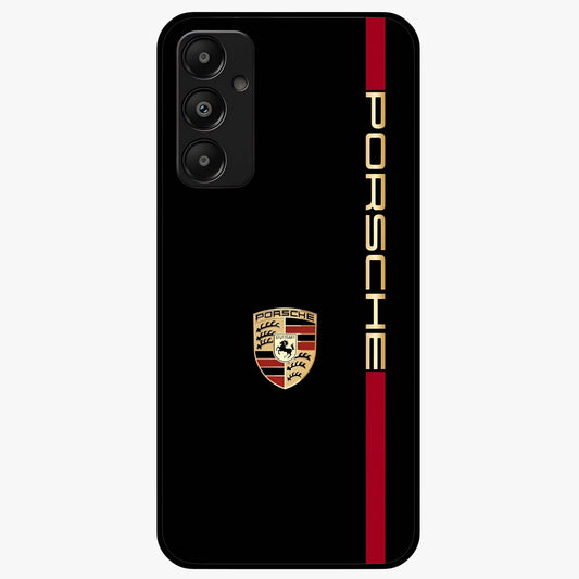Black Minimal Porsche Glass Case showing flat back view with sleek minimal sports car artwork and glossy glass finish.