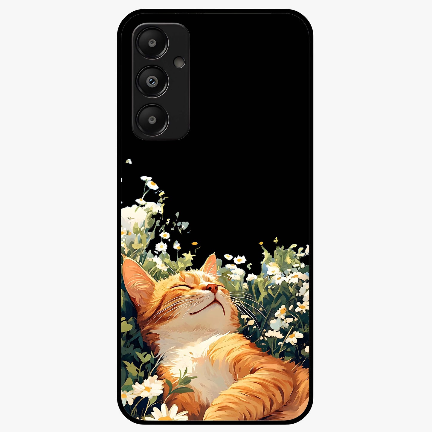 Blissful Bloom Cat Glass Case showing flat back view with cute cat and floral bloom artwork and glossy glass finish.