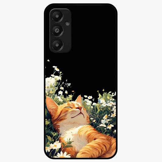 Blissful Bloom Cat Glass Case showing flat back view with cute cat and floral bloom artwork and glossy glass finish.