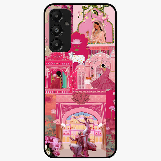 Blossoms of Rajasthan Glass Case showing flat back view with traditional floral artwork inspired by Rajasthan and glossy glass finish.