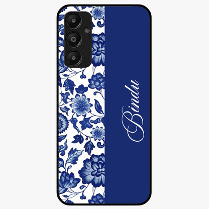 Blue Vintage Floral Pattern Glass Case upright view showcasing timeless floral illustration with vintage inspired style.