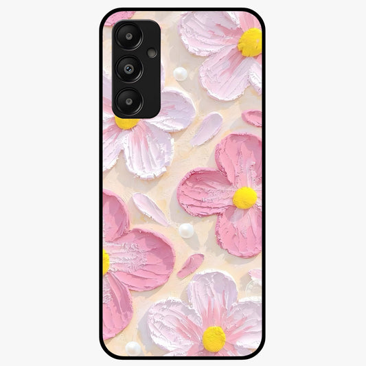 Blush Bloom Texture Glass Case showing flat back view with soft blush floral texture artwork and glossy glass finish.