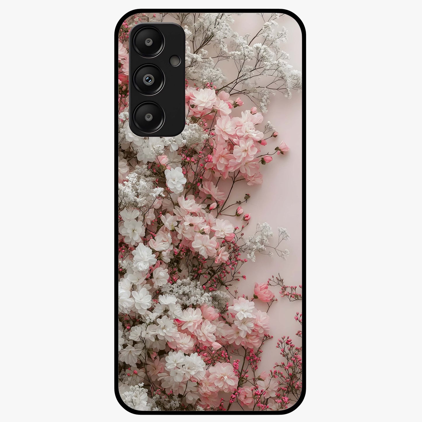 Blush Blossom Cloud Glass Case showing flat back view with dreamy blush cloud blossom artwork and glossy glass finish.