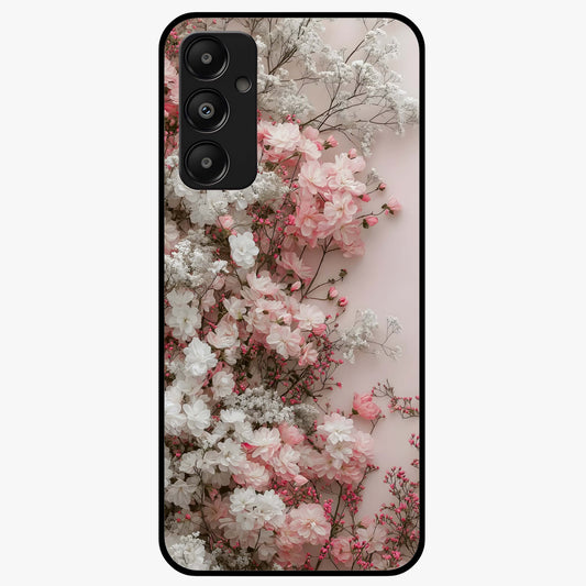 Blush Blossom Cloud Glass Case showing flat back view with dreamy blush cloud blossom artwork and glossy glass finish.