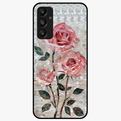 Blush Mosaic Bloom Glass Case showing flat back view with mosaic floral bloom artwork and glossy glass finish.