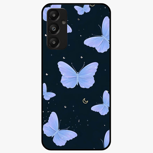 Butterfly With Stars Pattern Glass Case showing flat back view with butterfly and star pattern artwork and glossy glass finish.