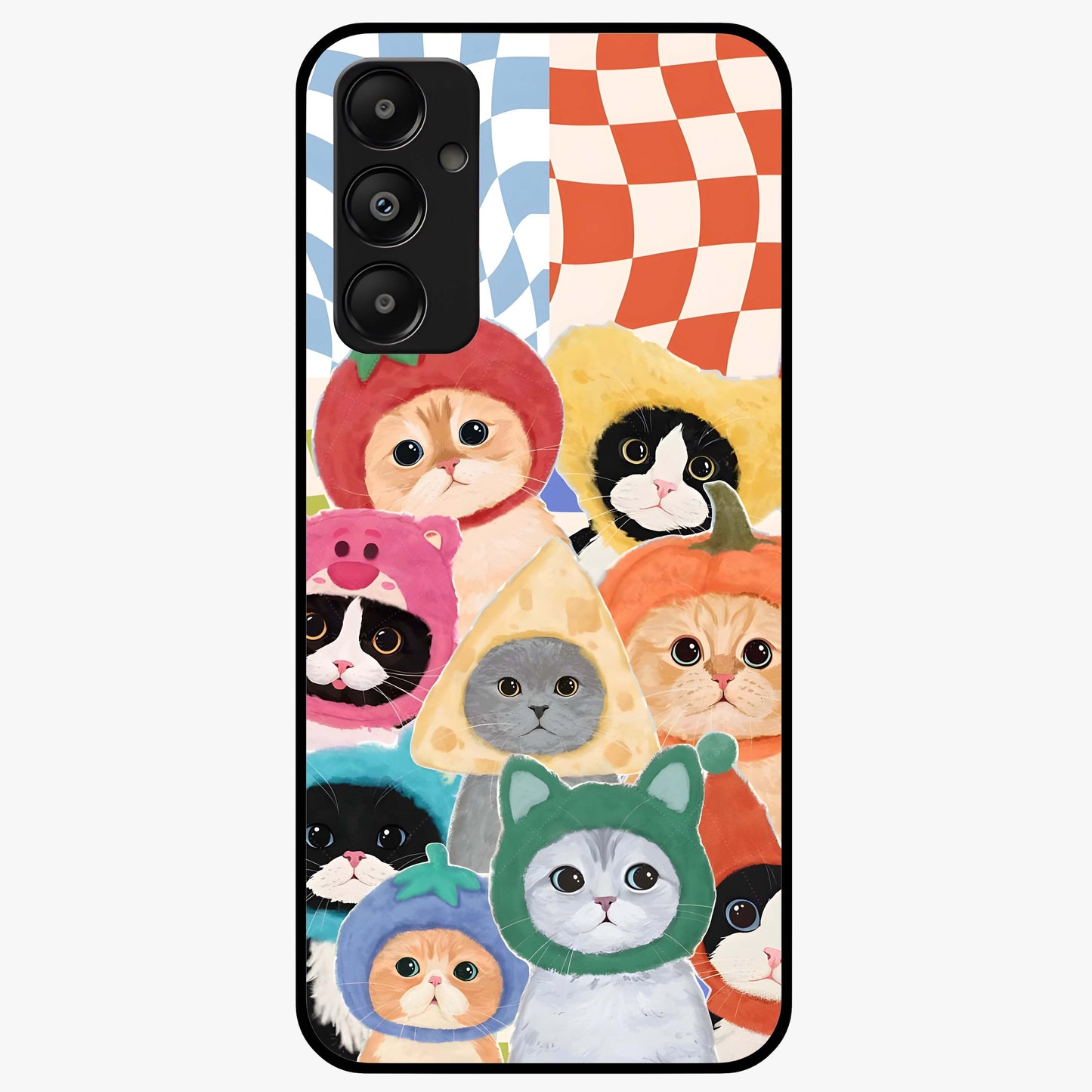 Cats in Fruits Glass Case showing flat back view with playful cat illustrations inside fruit artwork and glossy glass finish.