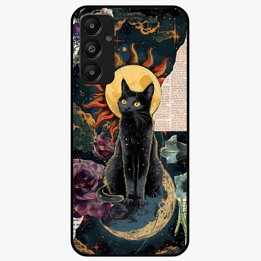 Celestial Black Cat Glass Case showing flat back view with mystical black cat artwork and glossy glass finish.