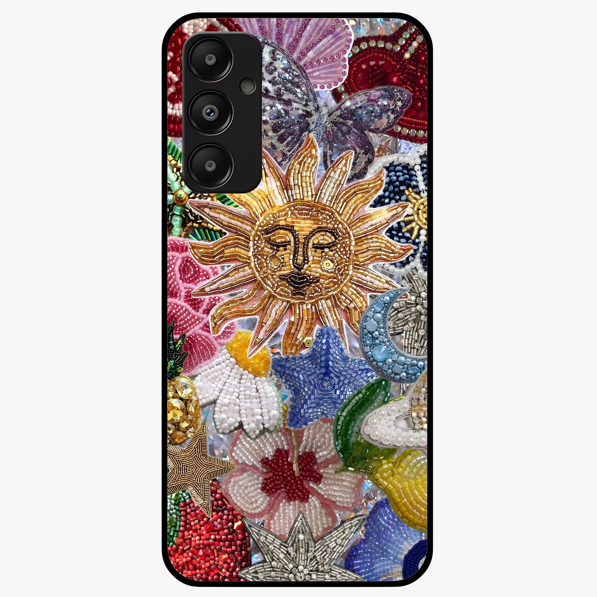 Celestial Floral and Playful Glass Case showing flat back view with floral and celestial themed artwork and glossy glass finish.