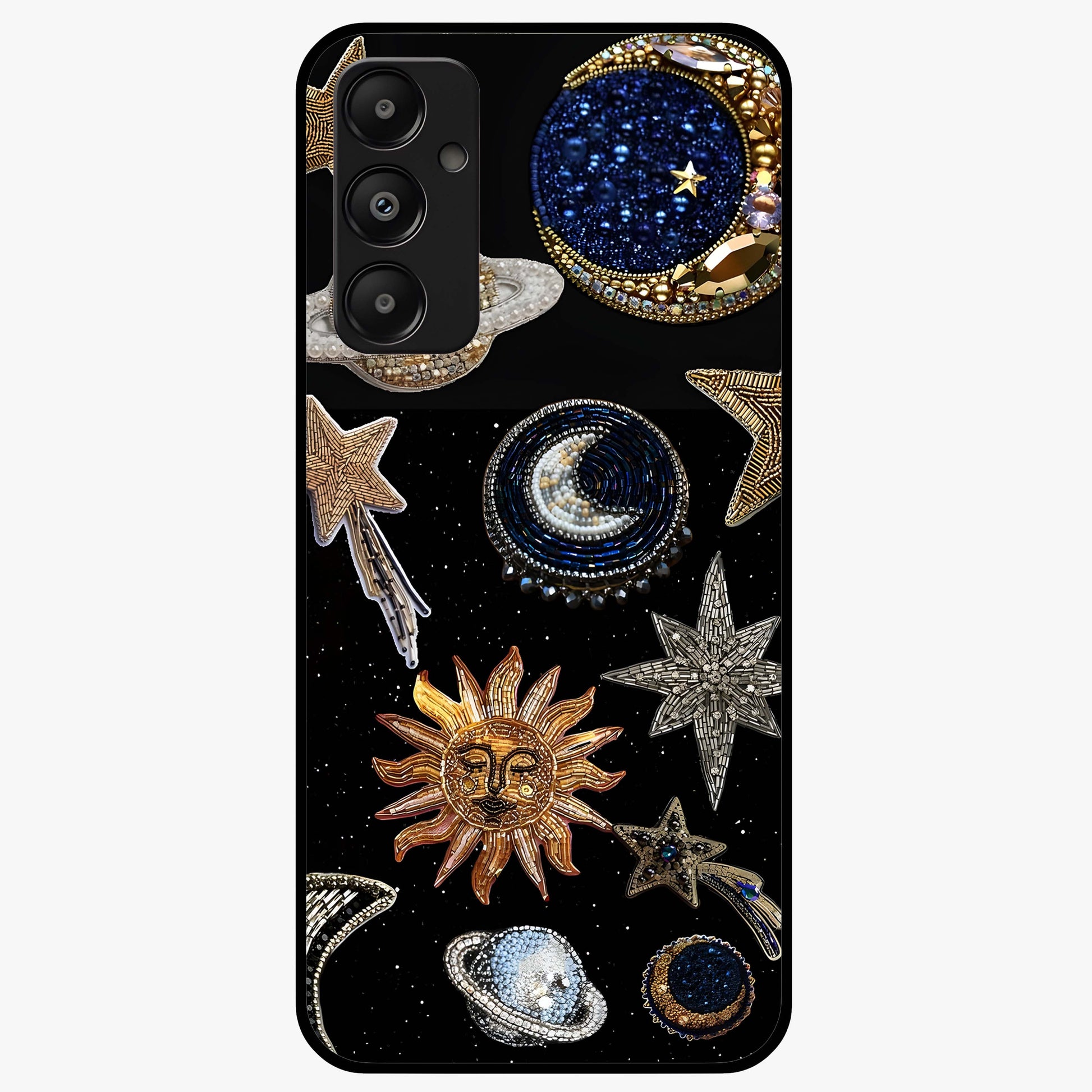 Celestial Gem Constellations Glass Case showing flat back view with sparkling constellation artwork and glossy glass finish.