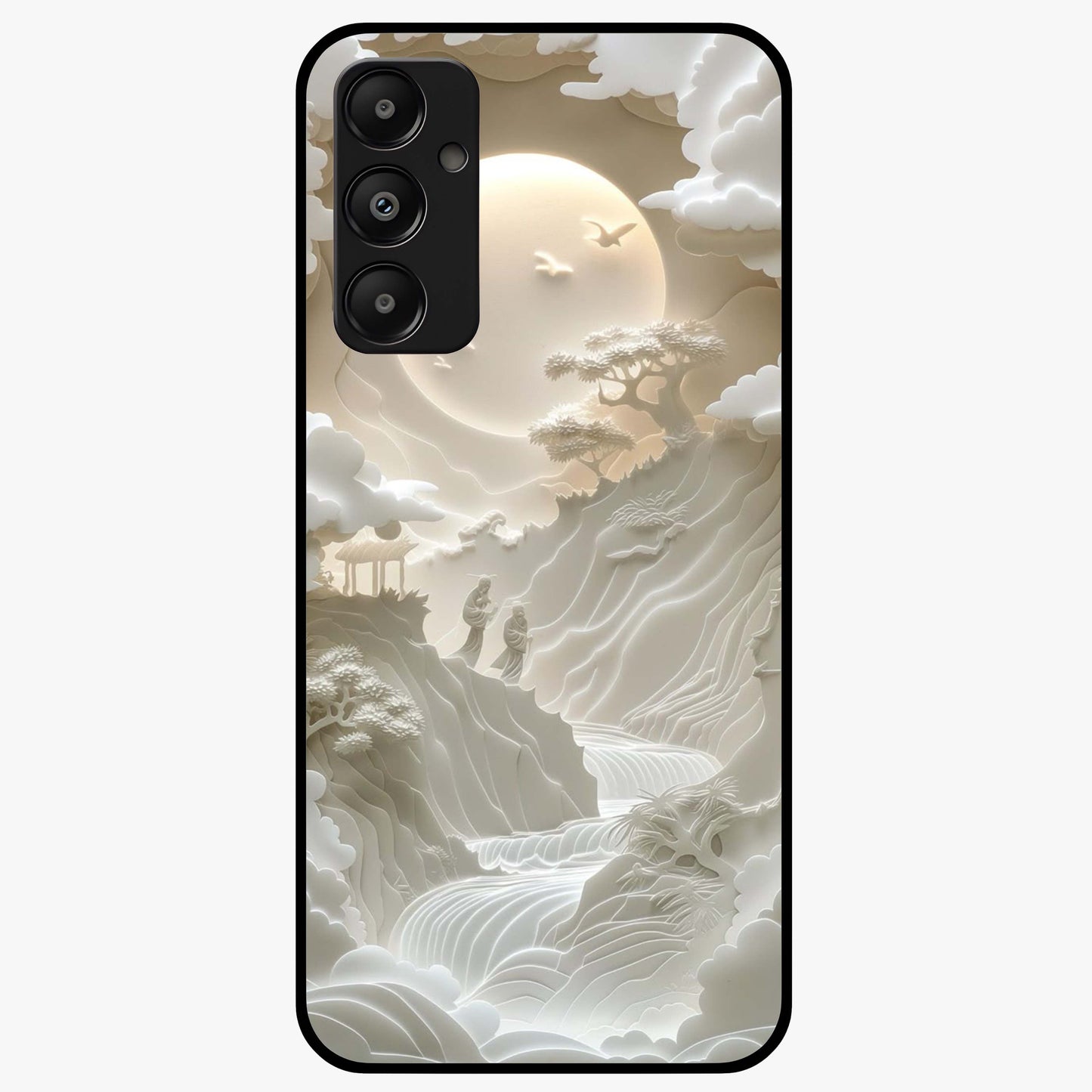 Celestial Origami Glass Case showing flat back view with artistic origami inspired celestial artwork and glossy glass finish.