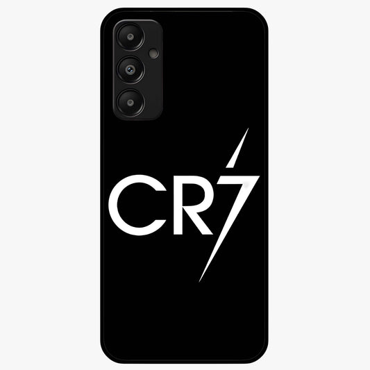 Cr7 Elite Strike Glass Case showing flat back view with dynamic football inspired artwork and glossy glass finish.