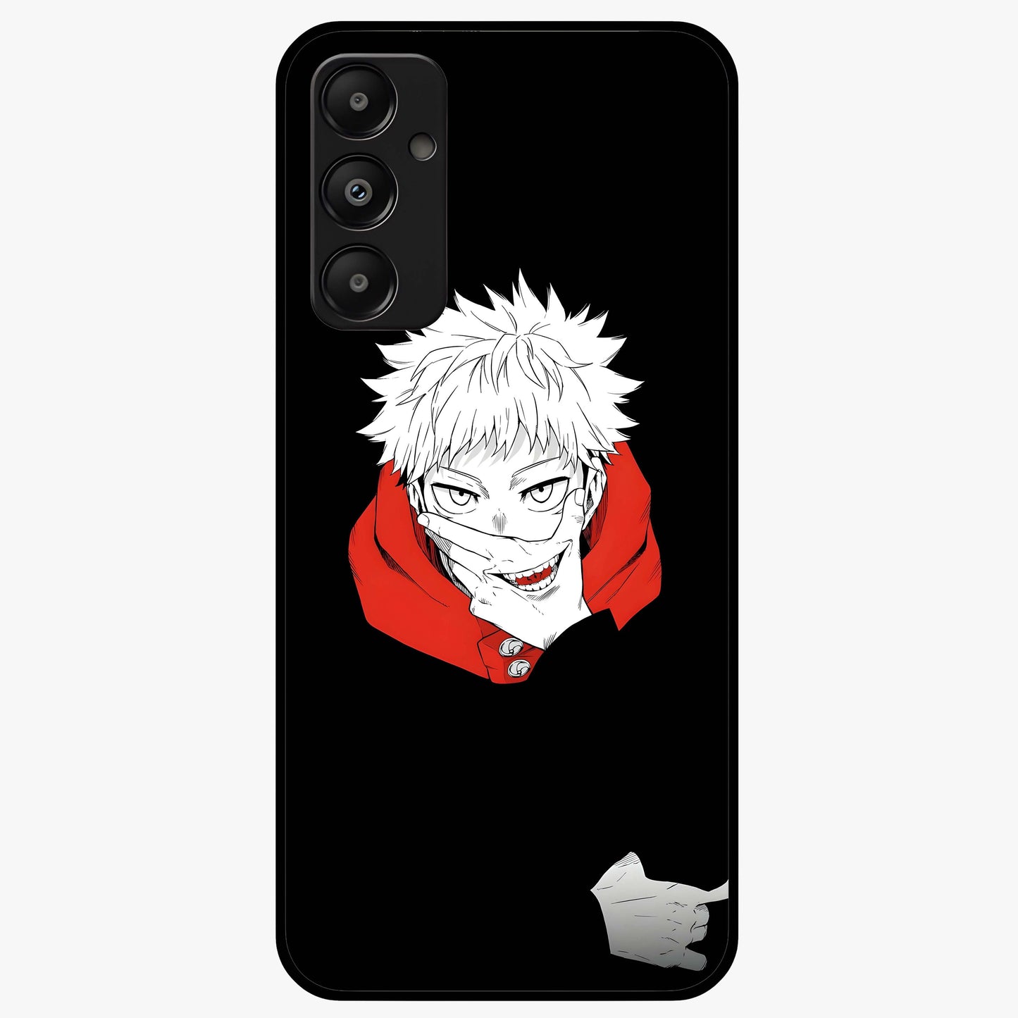 Crimson Chaos Smile Glass Case showing flat back view with bold chaotic smile artwork and glossy glass finish.