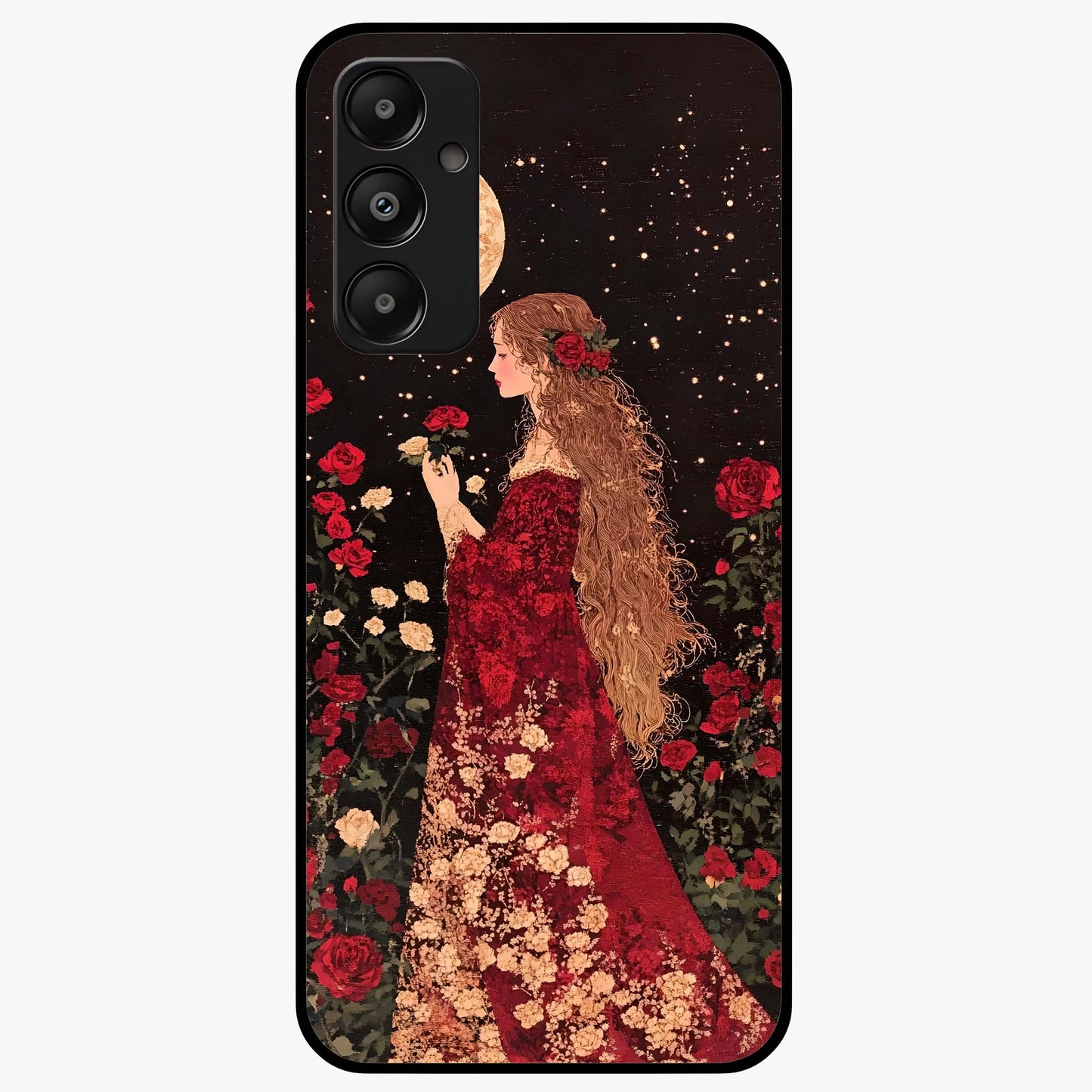Crimson Dreams Glass Case showing flat back view with dreamy crimson artwork and glossy glass finish.