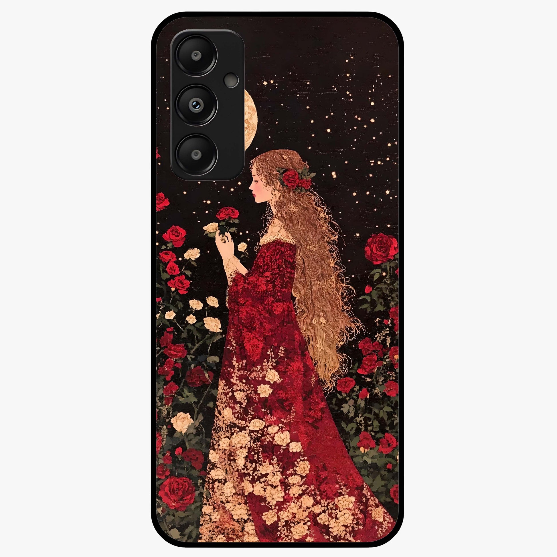Crimson Dreams Glass Case showing flat back view with dreamy crimson artwork and glossy glass finish.