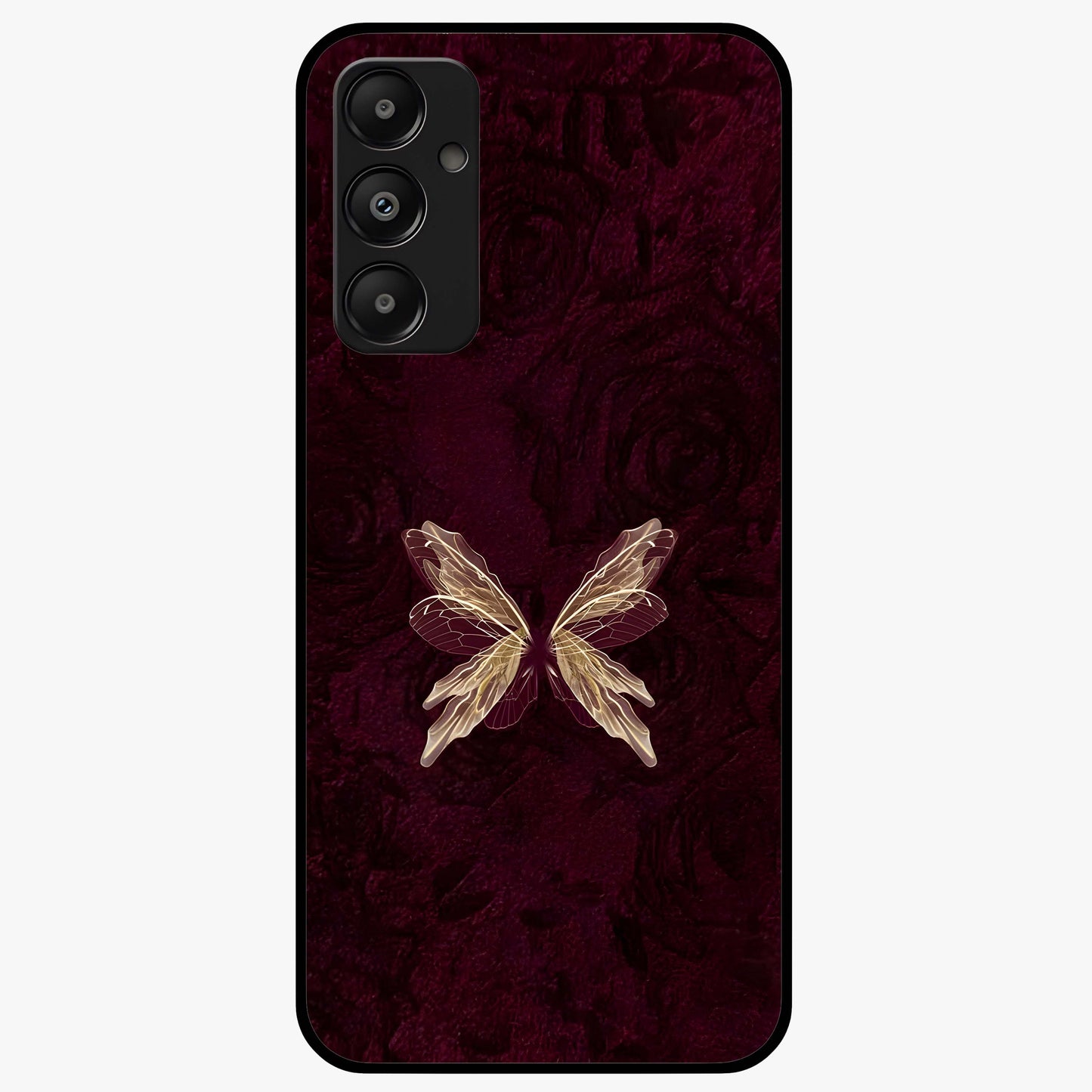 Crimson Fade Butterfly Glass Case showing flat back view with fading butterfly artwork and glossy glass finish.