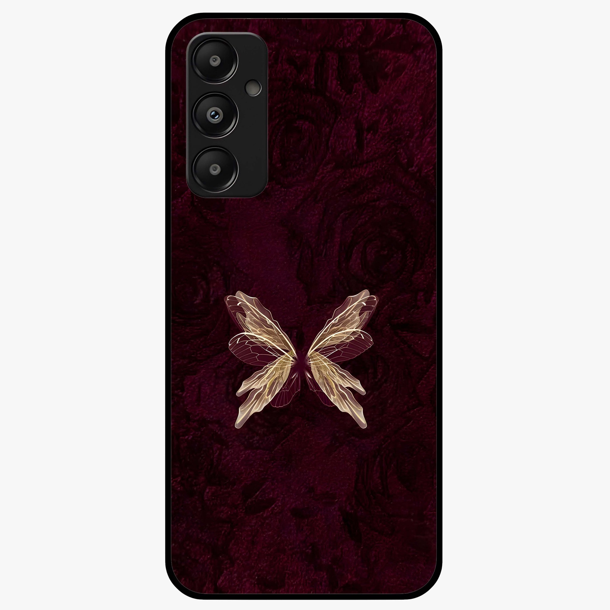 Crimson Fade Butterfly Glass Case showing flat back view with fading butterfly artwork and glossy glass finish.