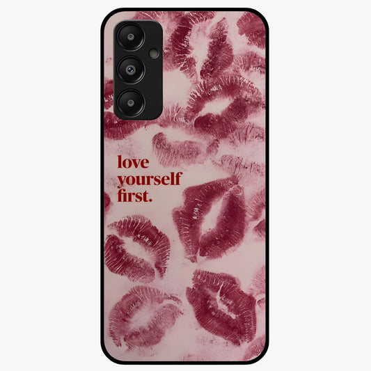 Crimson Kiss Love Glass Case showing flat back view with romantic crimson themed artwork and glossy glass finish.