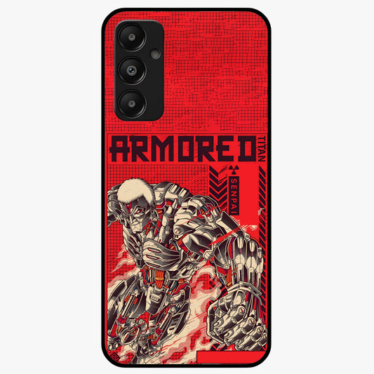 Crimson Mecha Titan Glass Case showing flat back view with powerful mech titan artwork and glossy glass finish.